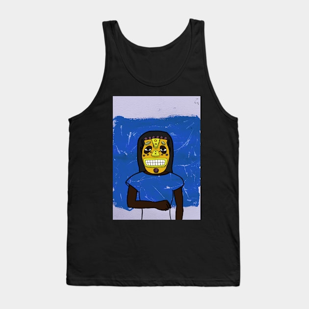 Cryptocurrency-Themed Bitcoin Digital Collectible - Character with FemaleMask, AfricanEye Color, and DarkSkin on TeePublic Tank Top by Hashed Art